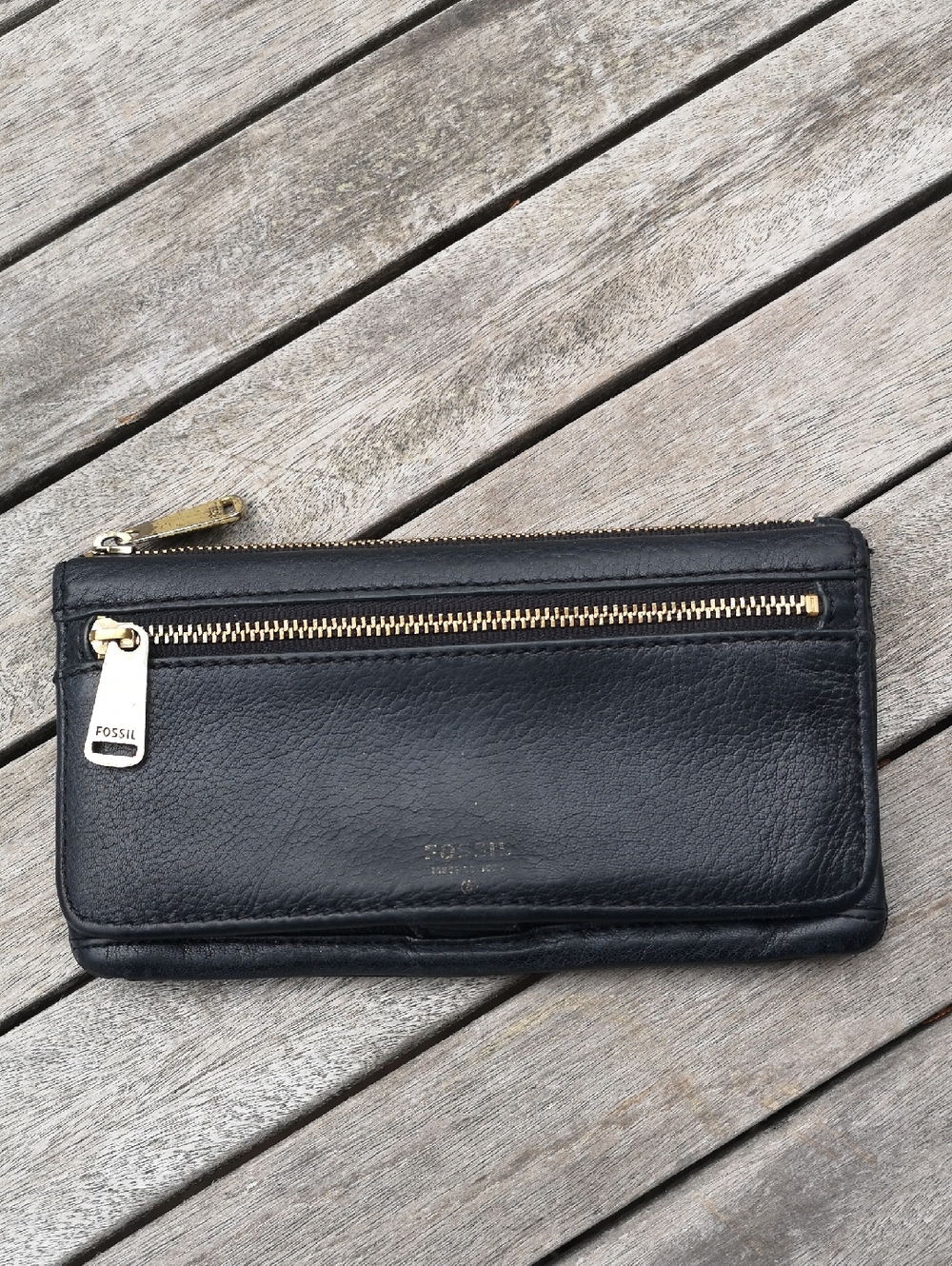 Fossil Black Leather Zip-Around Wallet with Gold Hardware